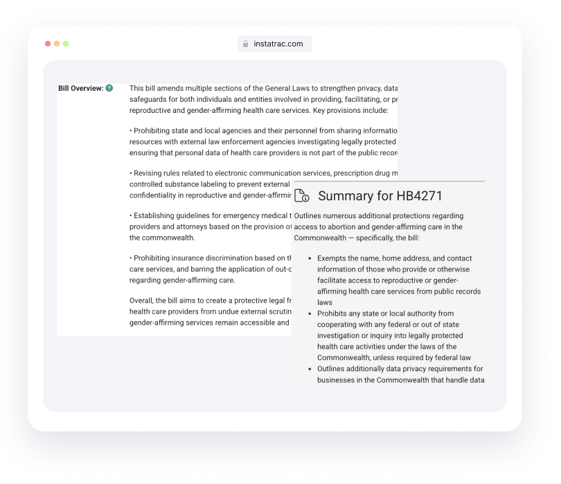 MassTrac bill summaries screenshot